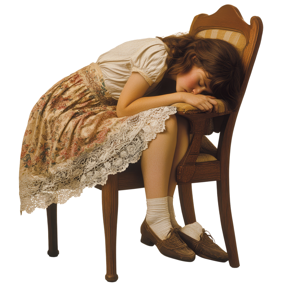 Young woman peacefully falling asleep on a chair, dressed in a vintage floral outfit in a serene indoor setting, Young woman falling asleep on a chair file no background png