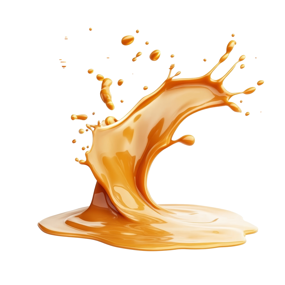 Caramel splash in motion with flowing waves against an isolated transparent background in vibrant detail, caramel splash in motion wave flow air isolated on transparent background png