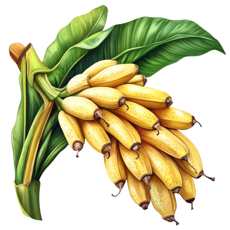 Fresh tropical bananas hanging from a lush green banana plant against a bright transparent background, tropical banana fruit on transparent backgroundfile png