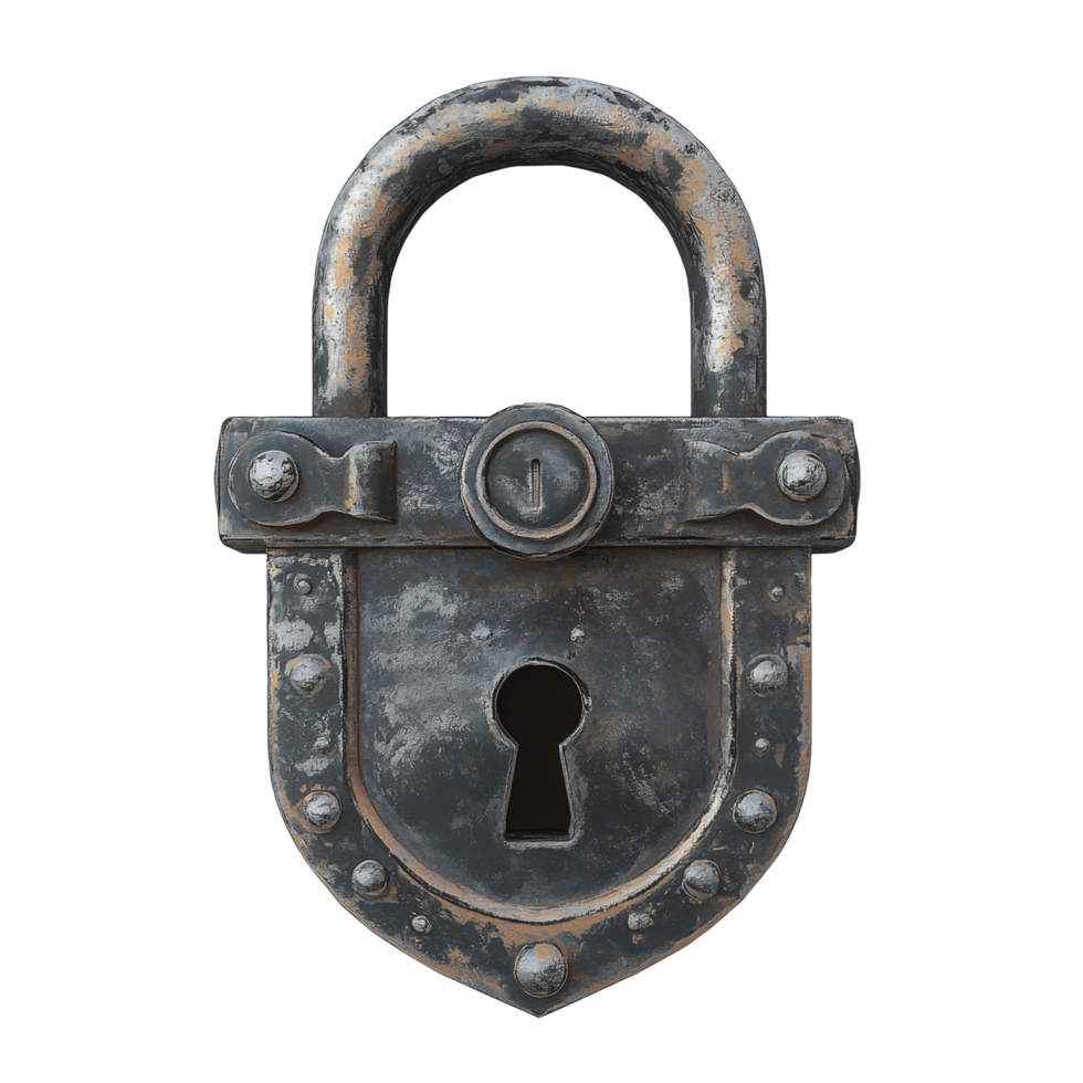 Rustic padlock displayed on a light grey background highlighting its intricate design and texture, Diya lamp on top of colorful rangoli png