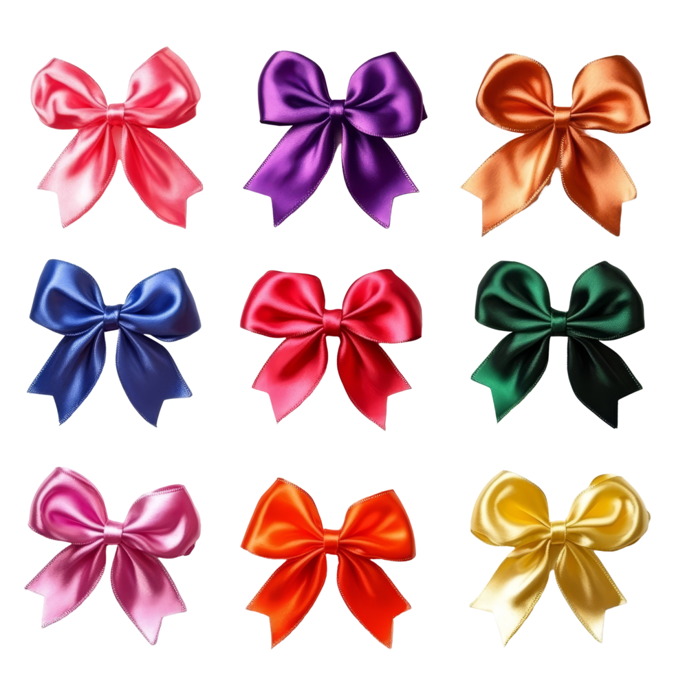 A vibrant collection of colored ribbon bow flowers arranged on a soft transparent background, colored ribbon bow flowers isolated on transparent background png