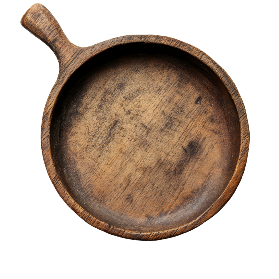 Top view of a rustic wooden pan isolated on a transparent background, highlighting its natural grain and round shape, wood pan, top view, isolated transparent background png