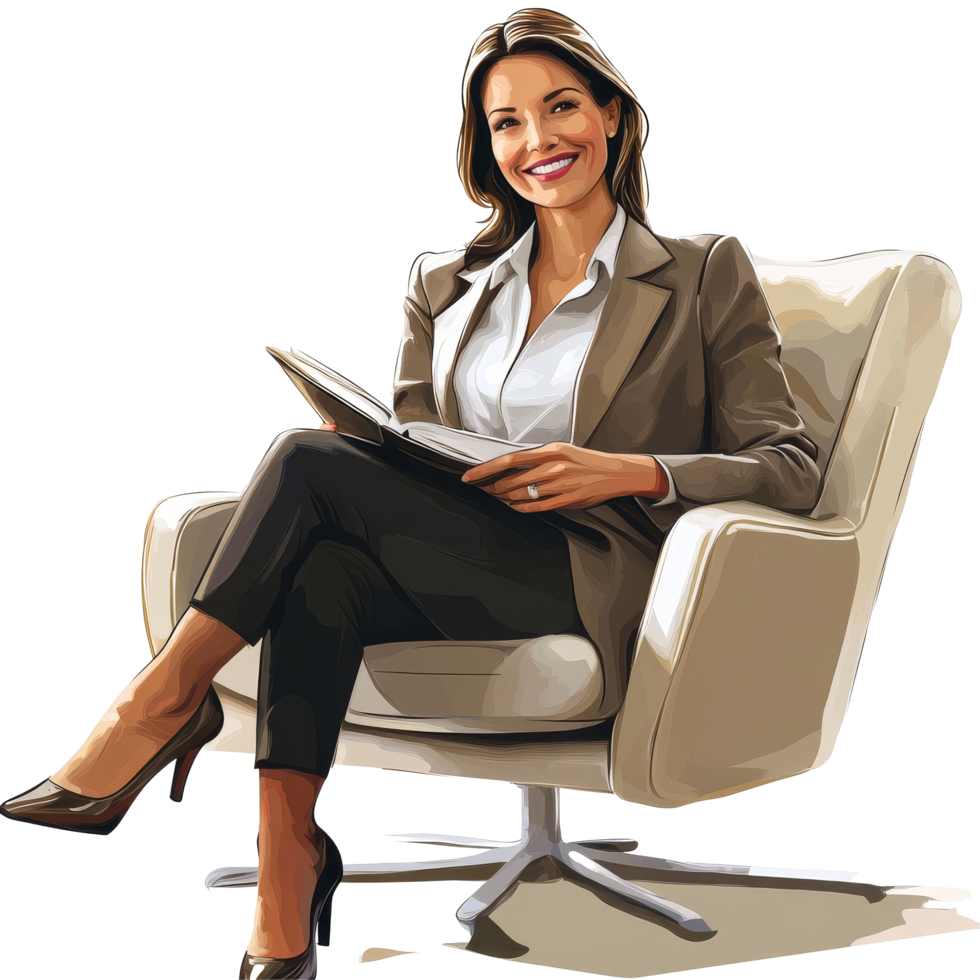 Smiling businesswoman seated in a modern chair holding a book while enjoying her work environment, file no background Smiling businesswoman in the waiting room png