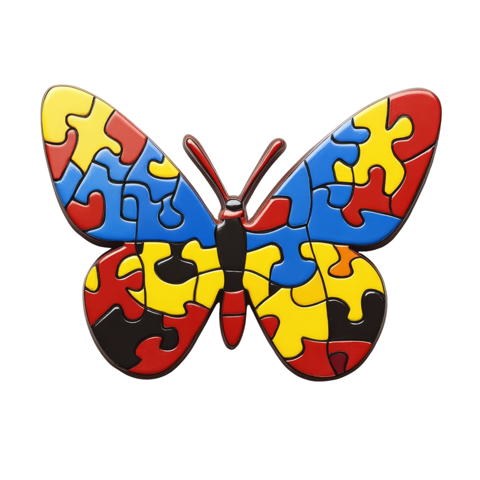 A vibrant puzzle piece butterfly symbolizing autism awareness with multi colored designs and intricate patterns, Multi colored puzzle piece butterfly autism symbol transparent background png