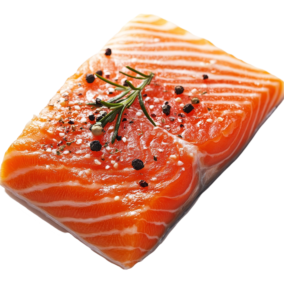 Fresh raw salmon fillet garnished with herbs and spices on a clean surface ready for culinary preparation, fillet raw salmon png