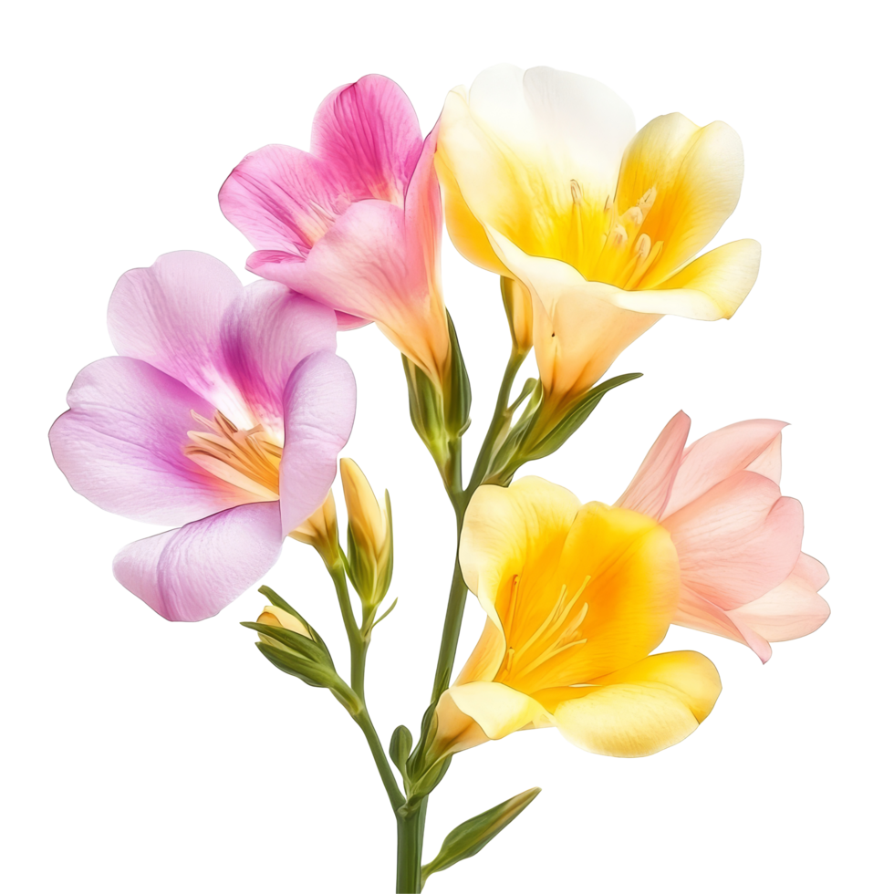 Vibrant freesia flowers in various colors isolated on a bright transparent background creating an elegant floral display, vibrant freesia in style, isolated on a transparent background for design layouts png