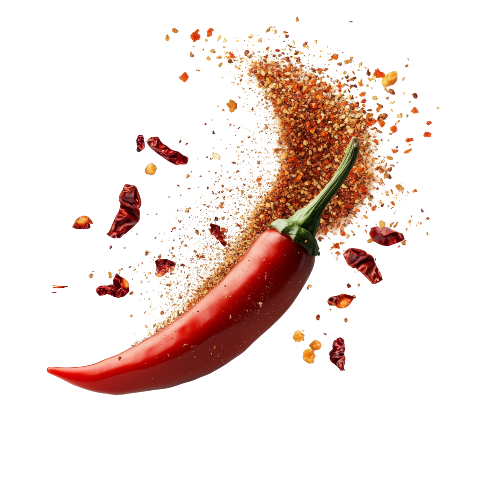 Chili powder and flakes erupting from vibrant red chili pepper against a clean transparent backdrop, Chili powder and flakes burst out from red chili pepper Stock Photo png