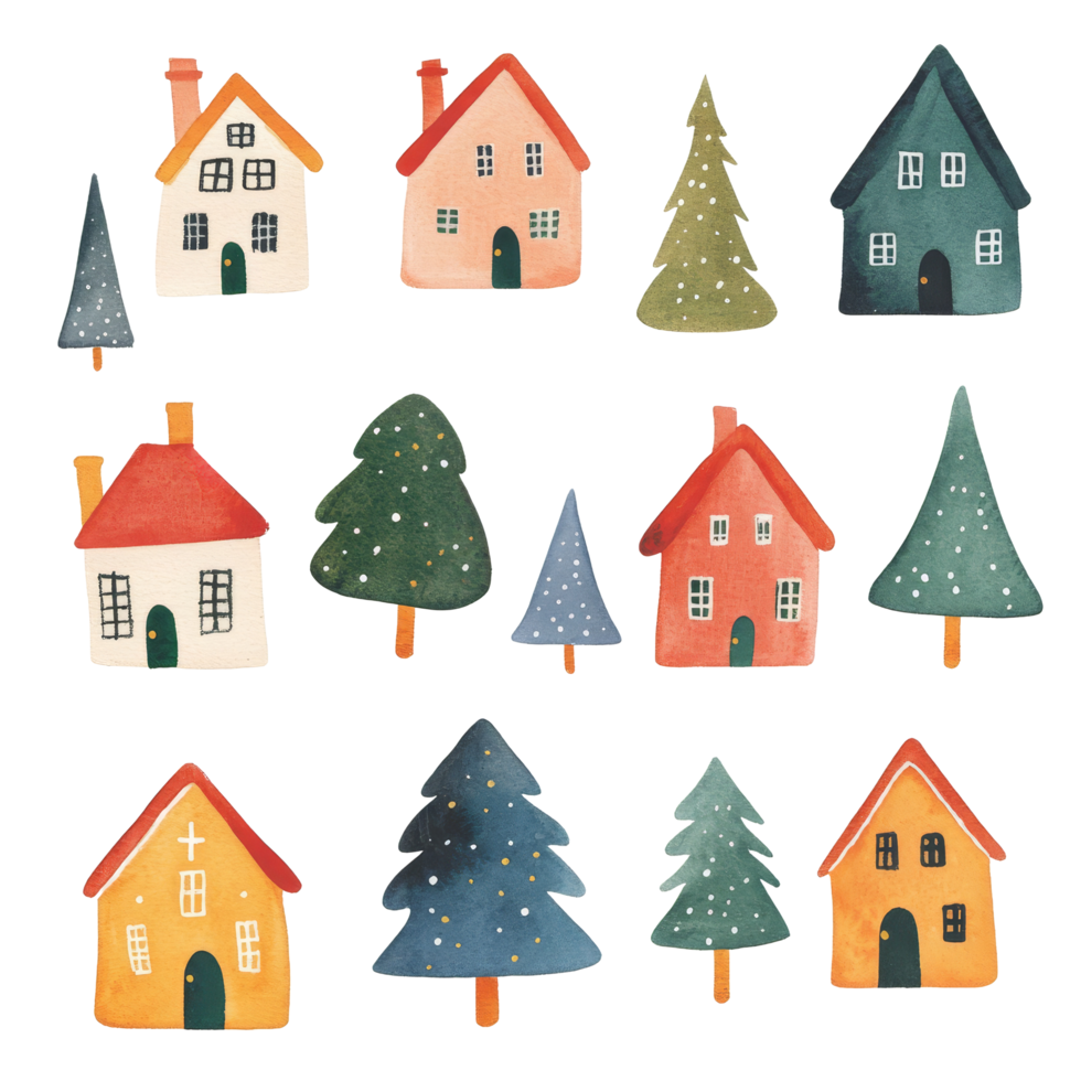 Charming minimalist watercolor Christmas houses and trees in festive colors on clean transparent background, Minimalist Watercolor Christmas Houses on transparent background png