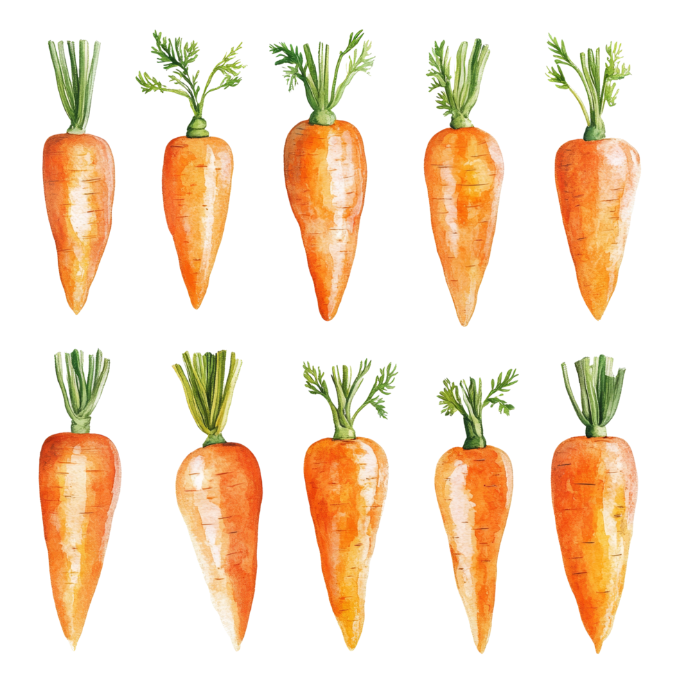 Fresh carrots arranged neatly on a solid transparent background, showcasing their vibrant orange color and green tops, Carrot, transparent background, set, isolated on solid transparent background png