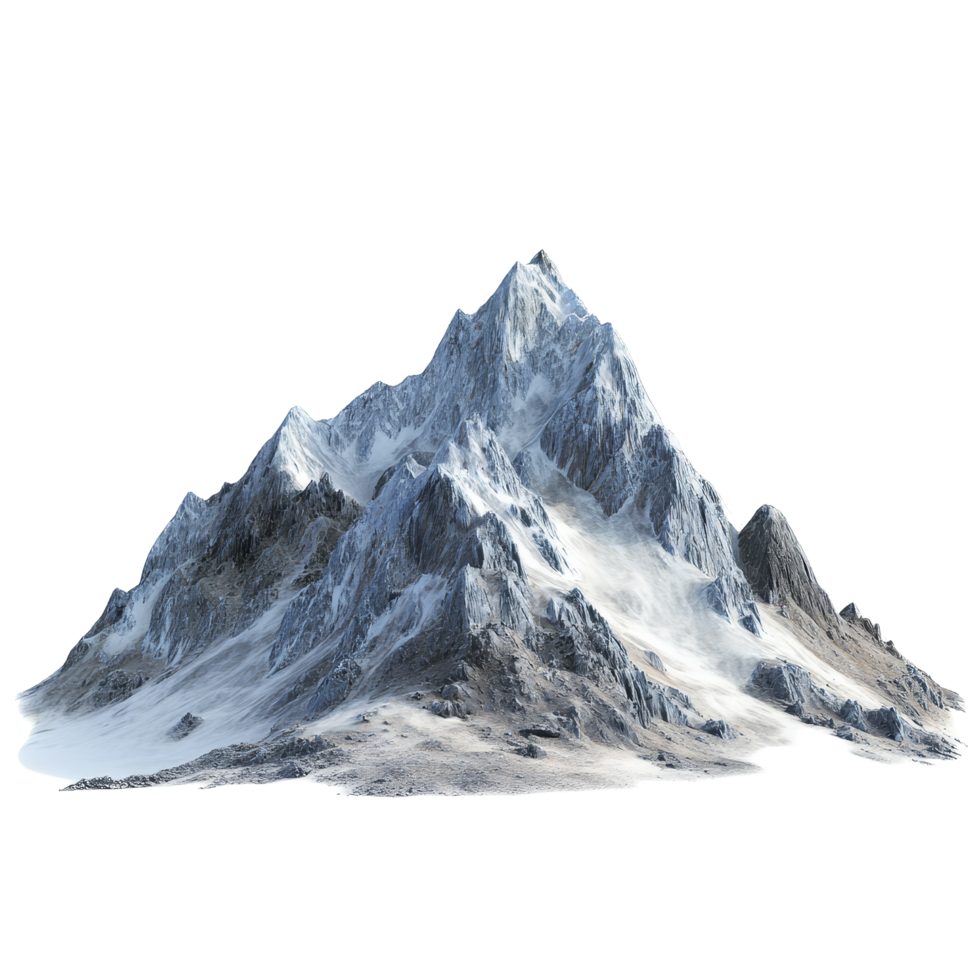 An isolated mountain stands prominently, showcasing its rugged peaks and snow covered slopes, Mountain isolated on transparent background png