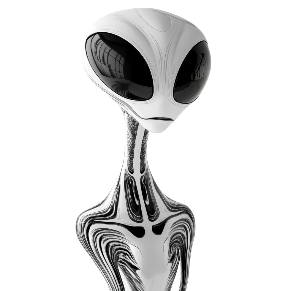 Sophisticated alien figure stands elegantly in a minimalist setting, showcasing unique extraterrestrial design elements, Elegant Extraterrestrial Sophisticated Alien Figure on a transparent background png