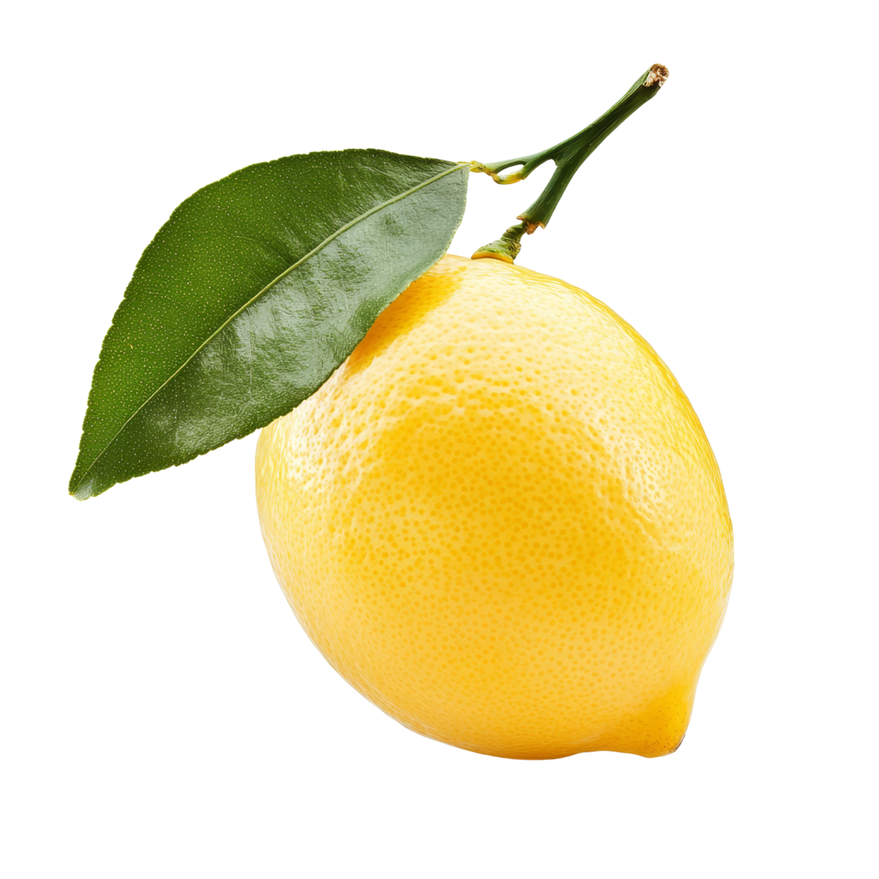 Fresh lemon with green leaf isolated on a clean transparent background, showcasing bright yellow color and natural shine, lemon isolated on transparent background png