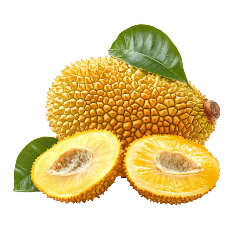 Fresh jackfruit with vibrant yellow flesh and green leaf isolated on a clean transparent background, Jackfruit with leaf isolated on transparent background png