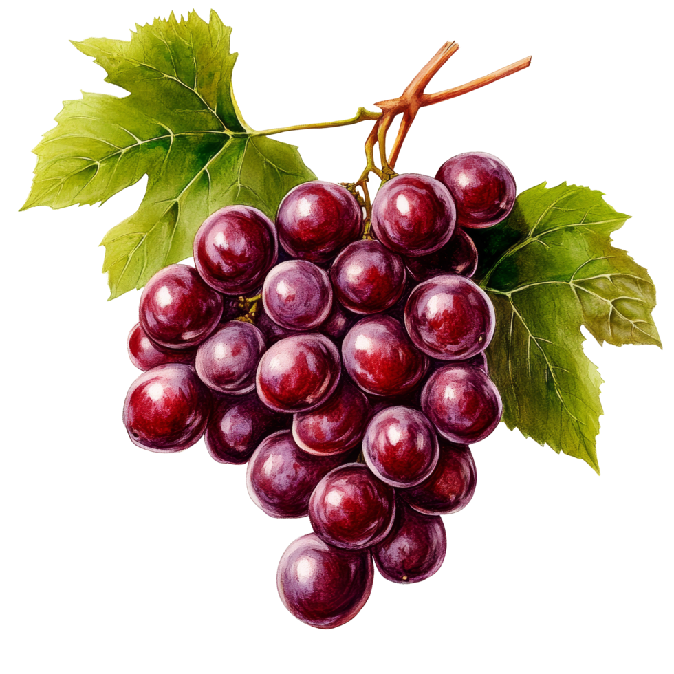 Fresh red grapes with lush green leaves on a plain transparent background, showcasing their vibrant color and natural beauty, red grapes on transparent background png