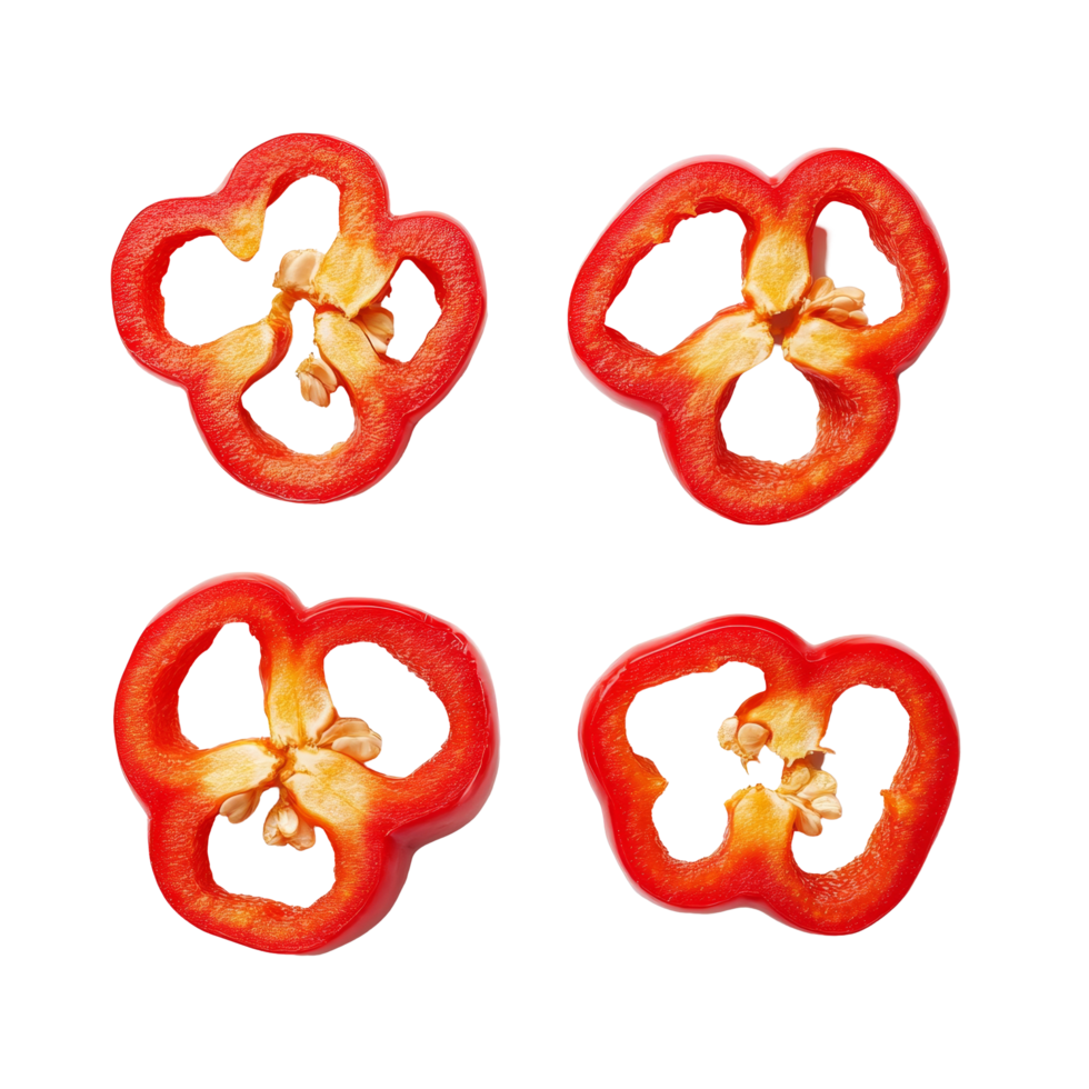 Sliced red sweet bell peppers arranged in a symmetric pattern on a bright transparent background, Red sweet bell pepper slices isolated on transparent background png