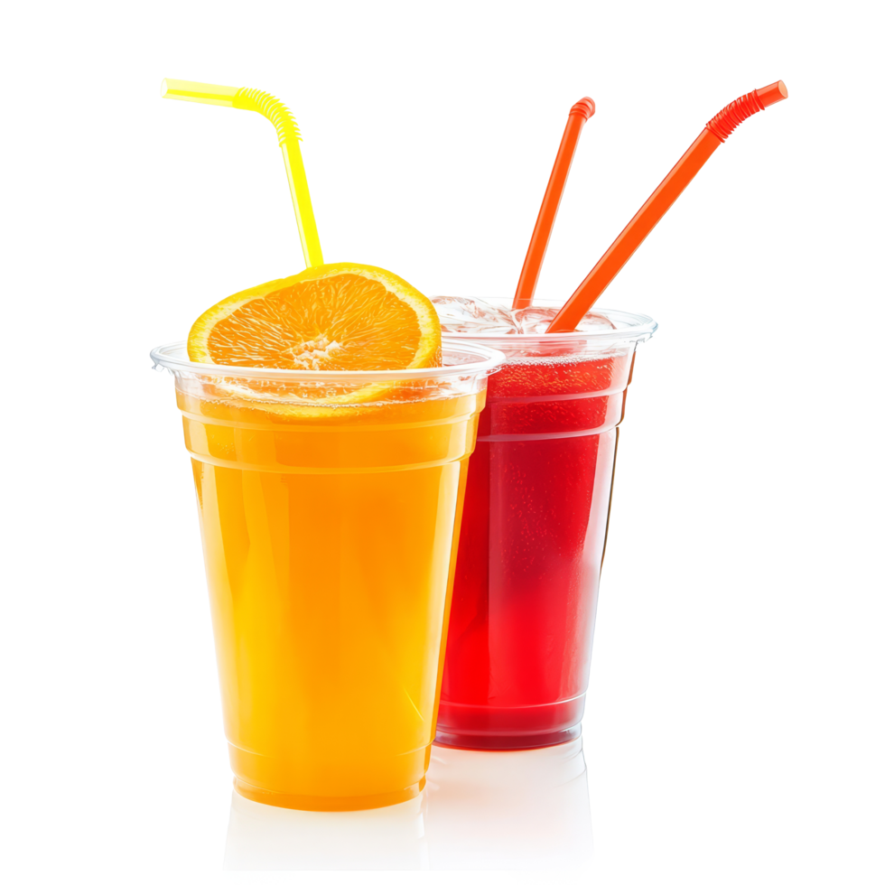 Refreshing orange and red fruit juices served in plastic cups with bright straws on a sunny day, Refreshing Orange and Red Fruit Juices in Plastic Cups with Straws Isolated on transparent background png