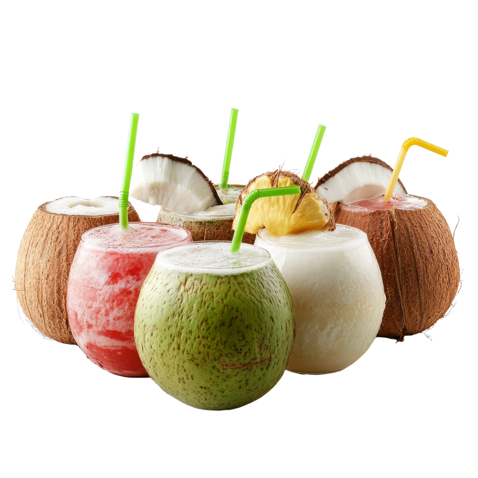 Assorted coconut drinks served in tropical styles on a transparent background for refreshing enjoyment, Assorted Coconut Drinks on transparent background png