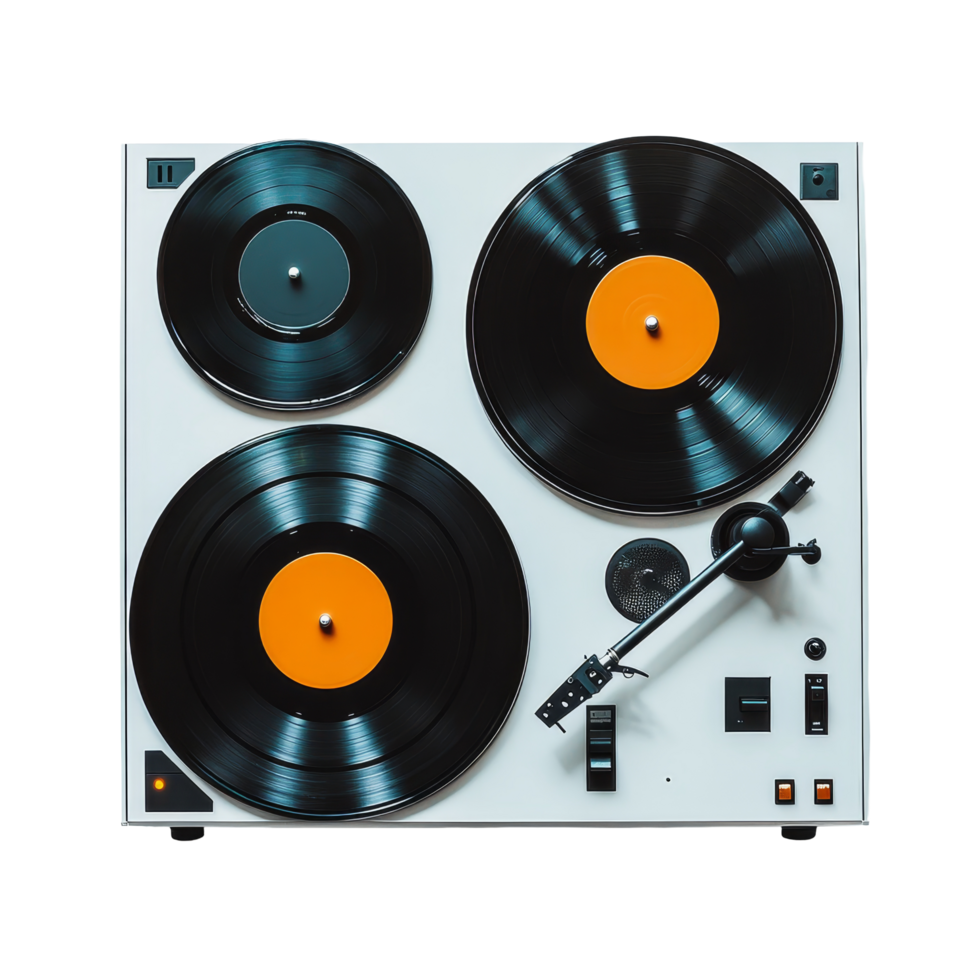 DJ turntables with vinyl records on a clean transparent background showcasing a classic music setup for spinning tracks, DJ Turntables with Vinyl Records on transparent background png