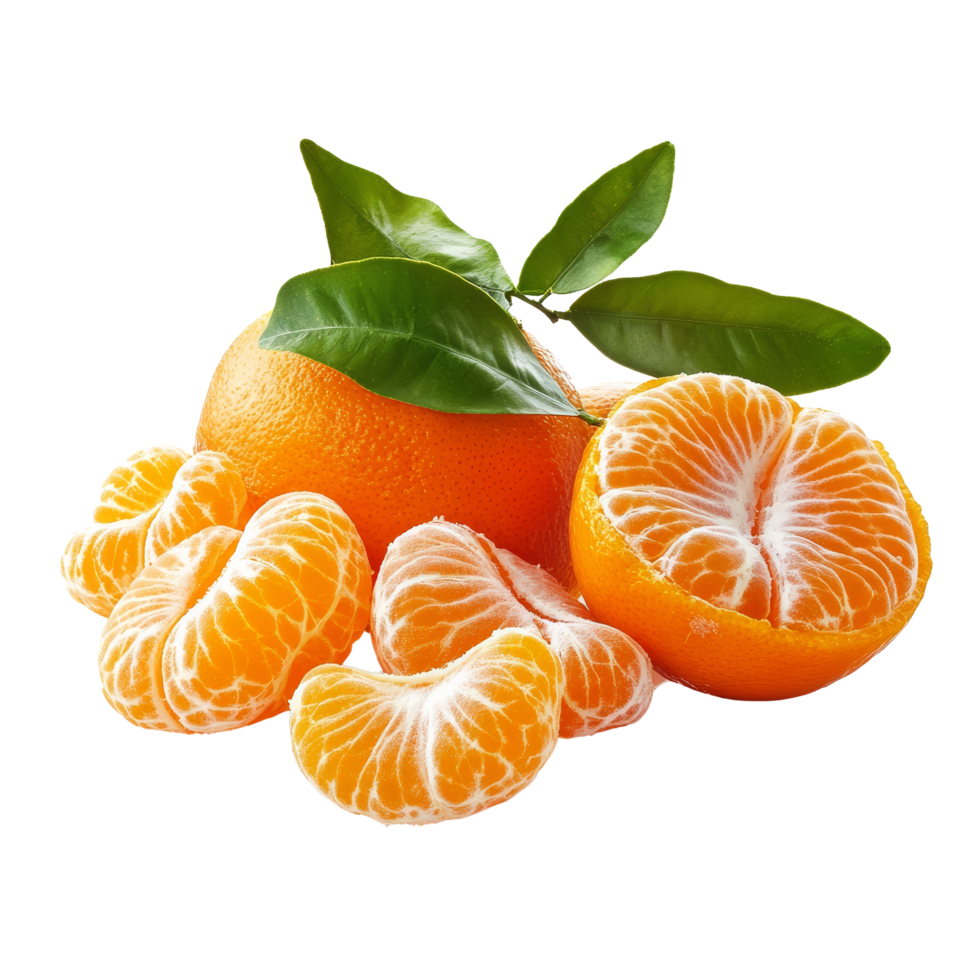 Fresh tangerines and segments with green leaves isolated on a transparent background for healthy eating, Tangerines fruit isolated on transparent background png