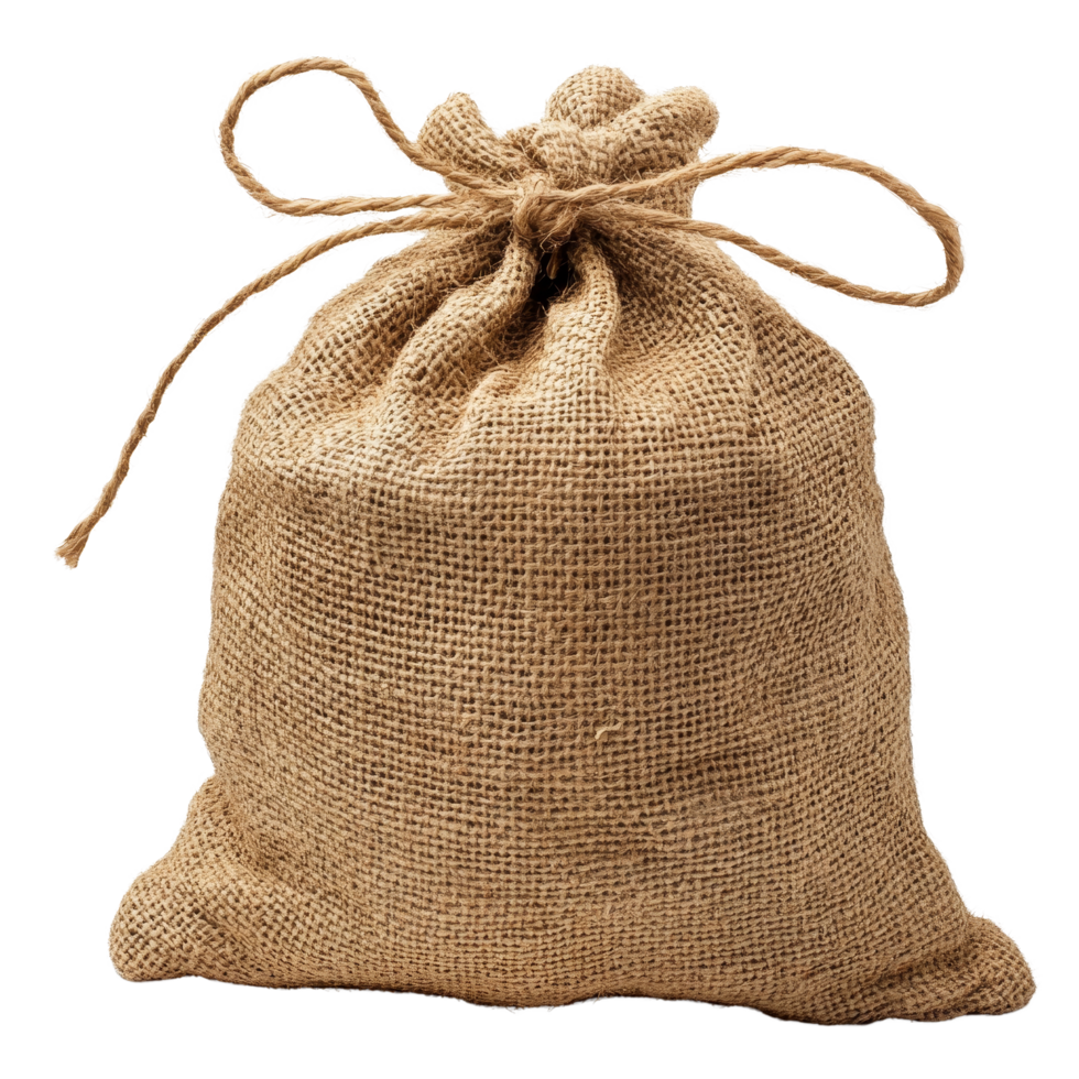 An empty burlap sack with a tied closure on a plain background ready for various storage uses, Empty burlap sack png