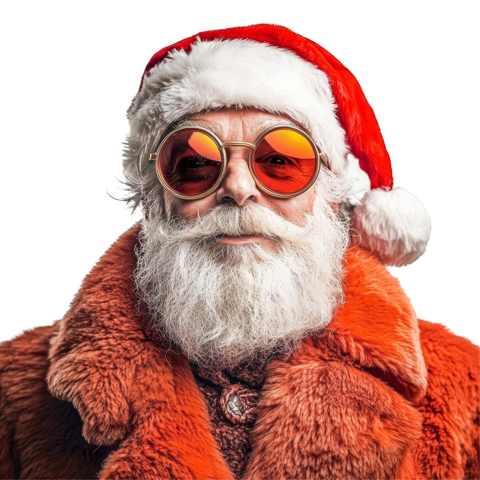 Funky and funny Santa Claus with stylish glasses in bright orange coat against a plain background, portrait of funky crazy and funny santa claus on transparent background png