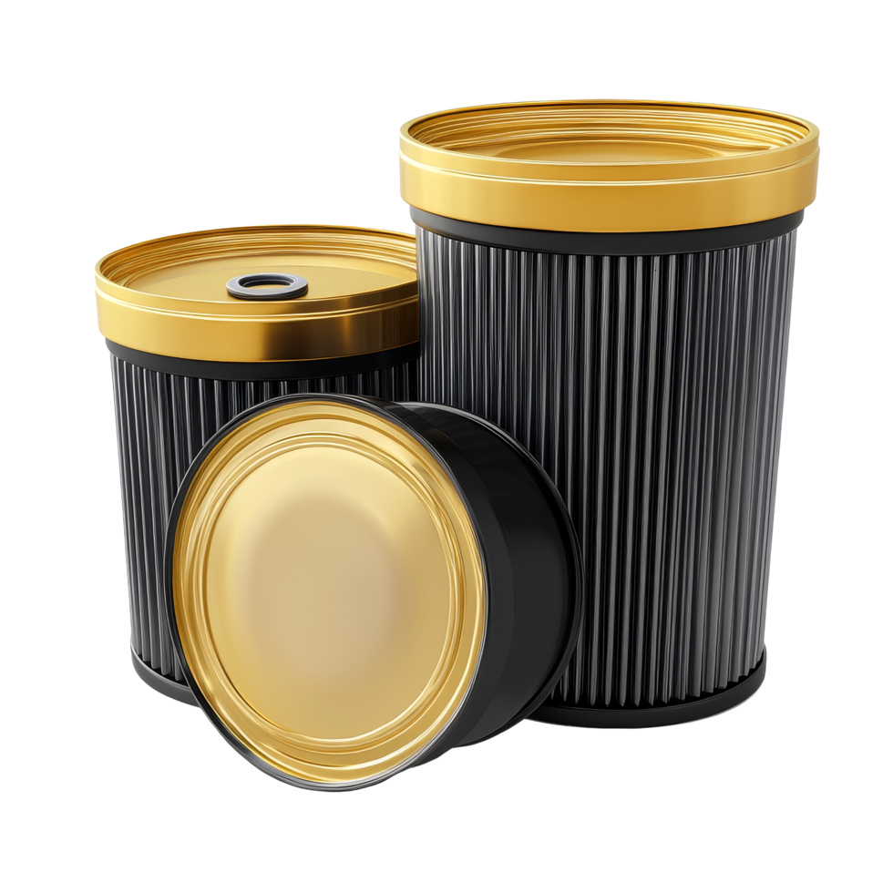 Car oil filters and plastic motor oil cans arranged on a transparent background for automotive, Car oil filters and motor oil plastic can, 3d illustration, 3D render, isolated on transparent background png