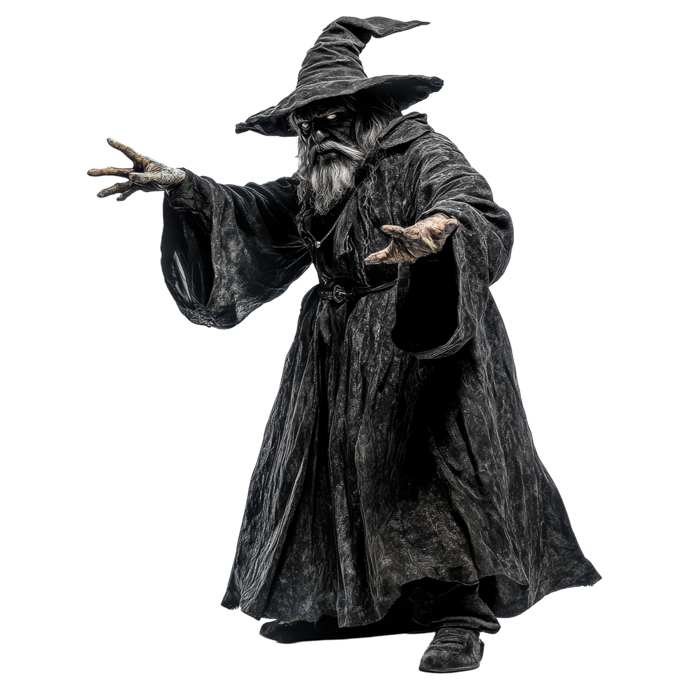Scary sorcerer in a dark robe casting a spell against a transparent background, Scary Sorcerer Isolated on transparent background png
