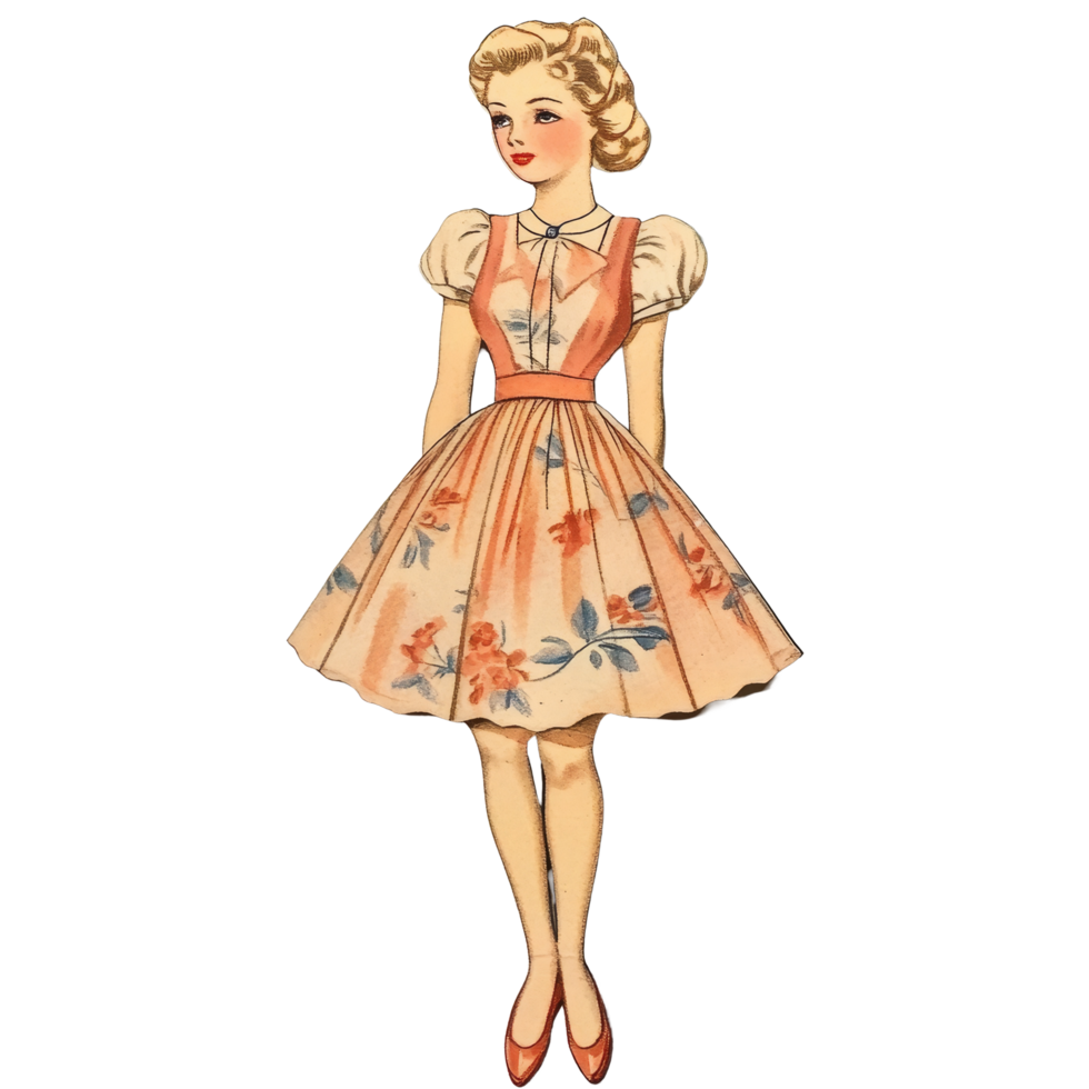 Vintage paper doll in a floral dress capturing the charm of a bygone era of playtime, A vintage paper doll, reminiscent of the 1950s era against a transparent background png