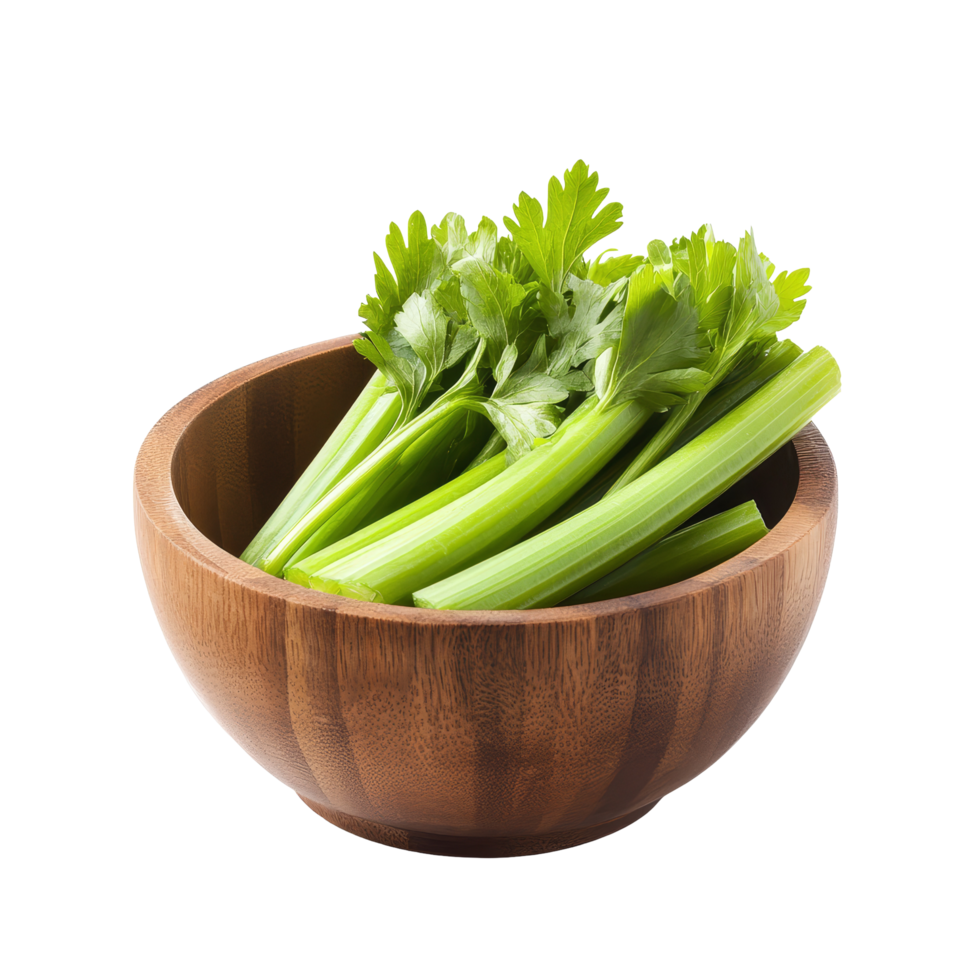 Fresh celery stalks in a wooden bowl on a bright transparent background for healthy recipes and kitchen decoration, Celery in wood bowl isolated on transparent background png