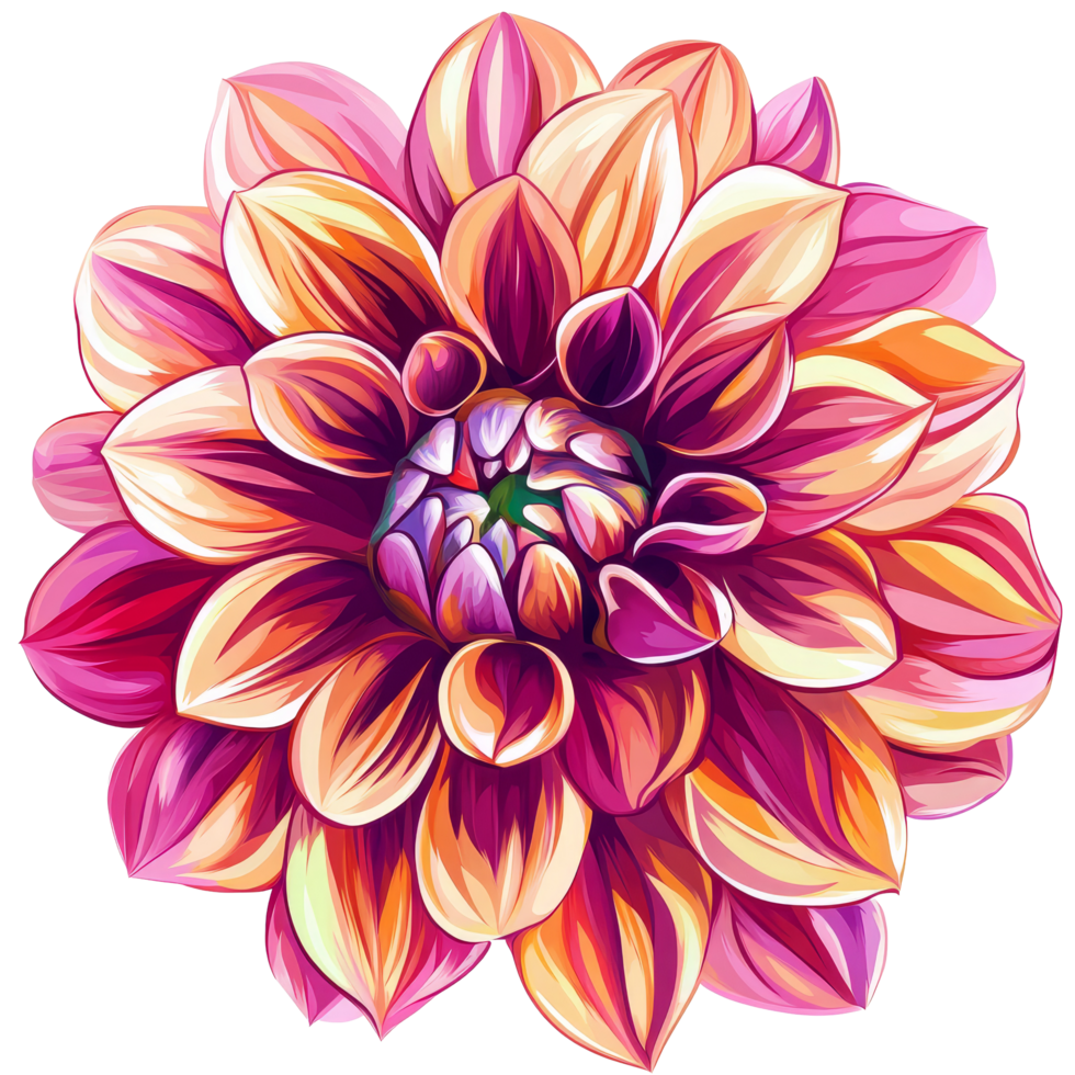 Vibrant dahlia flower in bright shades of pink and orange isolated on a clean transparent background for artistic inspiration, vibrant dahlia in style, isolated on a transparent background for design layouts png
