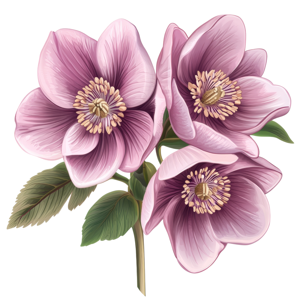 Beautiful hellebore flowers, featuring delicate pink petals and green leaves, isolated on a transparent background, hellebore flowers isolated on transparent background png
