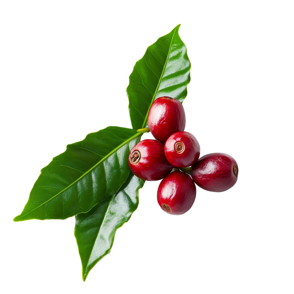 Ripe coffee cherries accompanied by glossy green leaves on a clean transparent background, ripe coffee with leaf on transparent background png