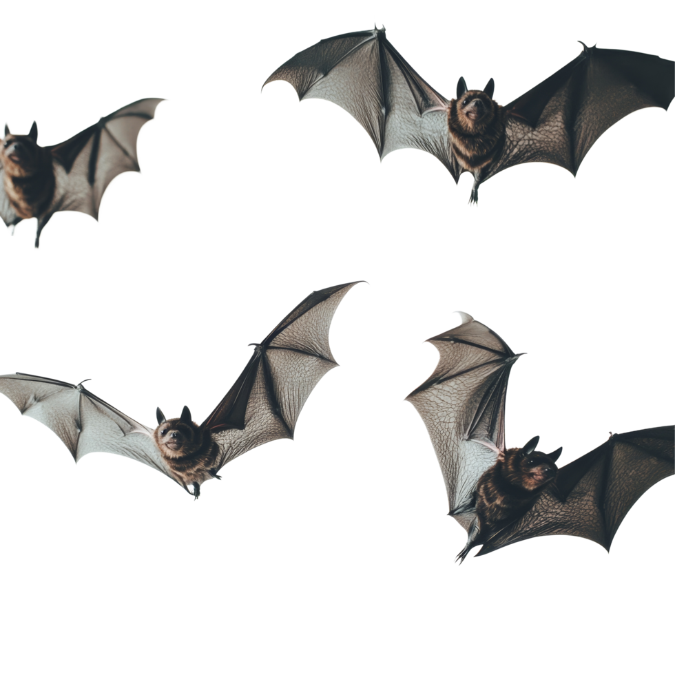 Bats flying against a transparent background showcasing their intricate wing patterns and features, Bats on transparent background png