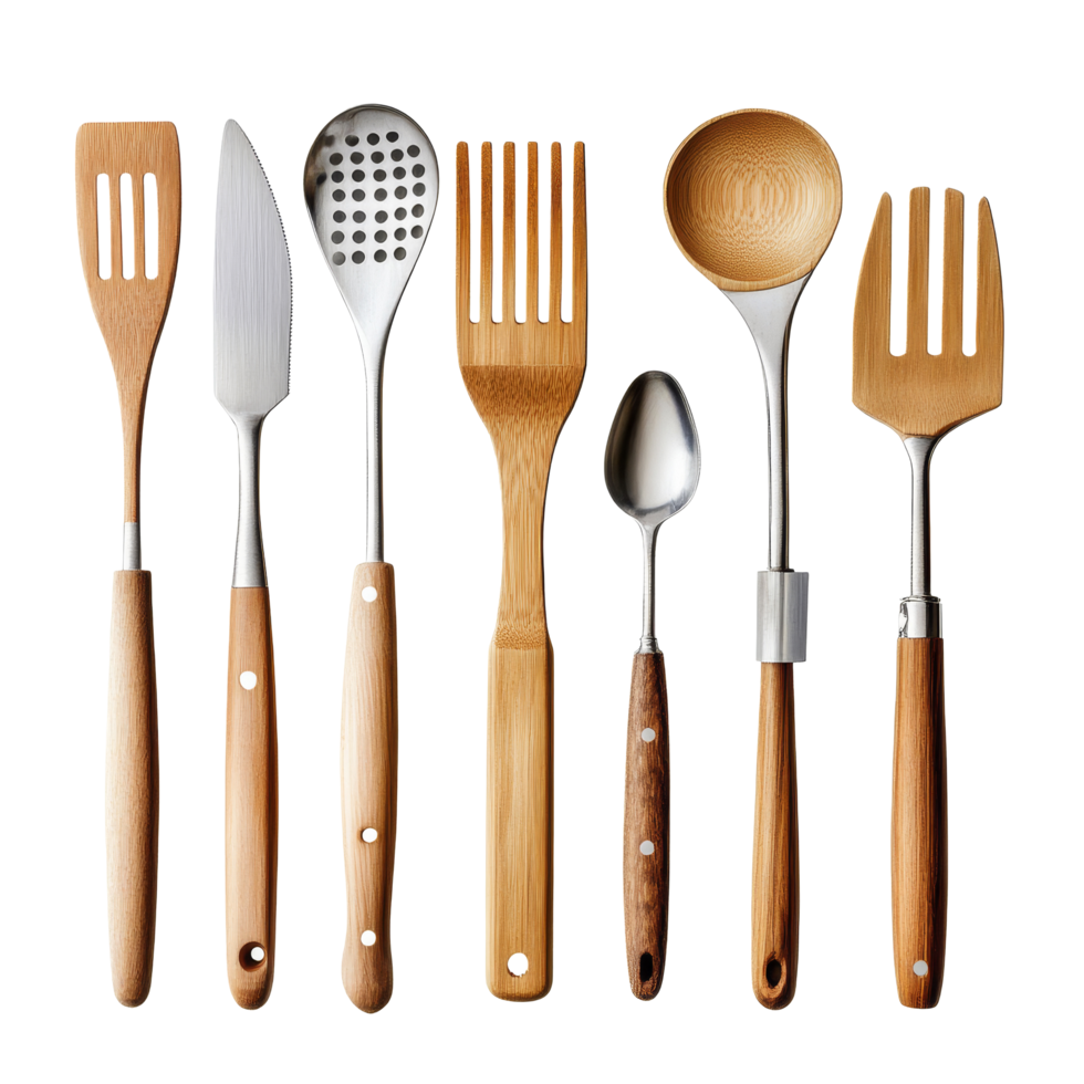 Essential kitchen utensils arranged on a transparent background showcasing various tools for cooking and food preparation, Kitchen utensil on transparent background file png