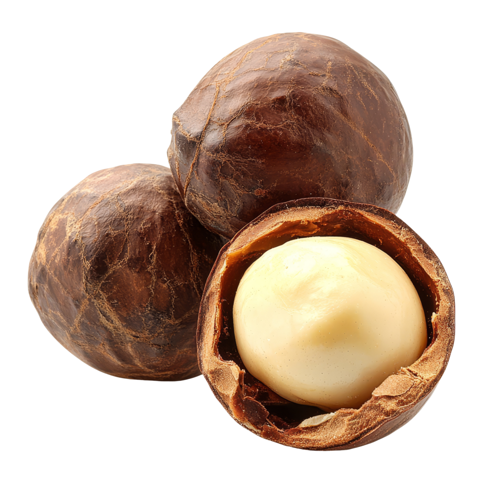 Delicious macadamia nuts isolated on a clean transparent background showcasing their rich texture and color, macadamia isolated on transparent background png