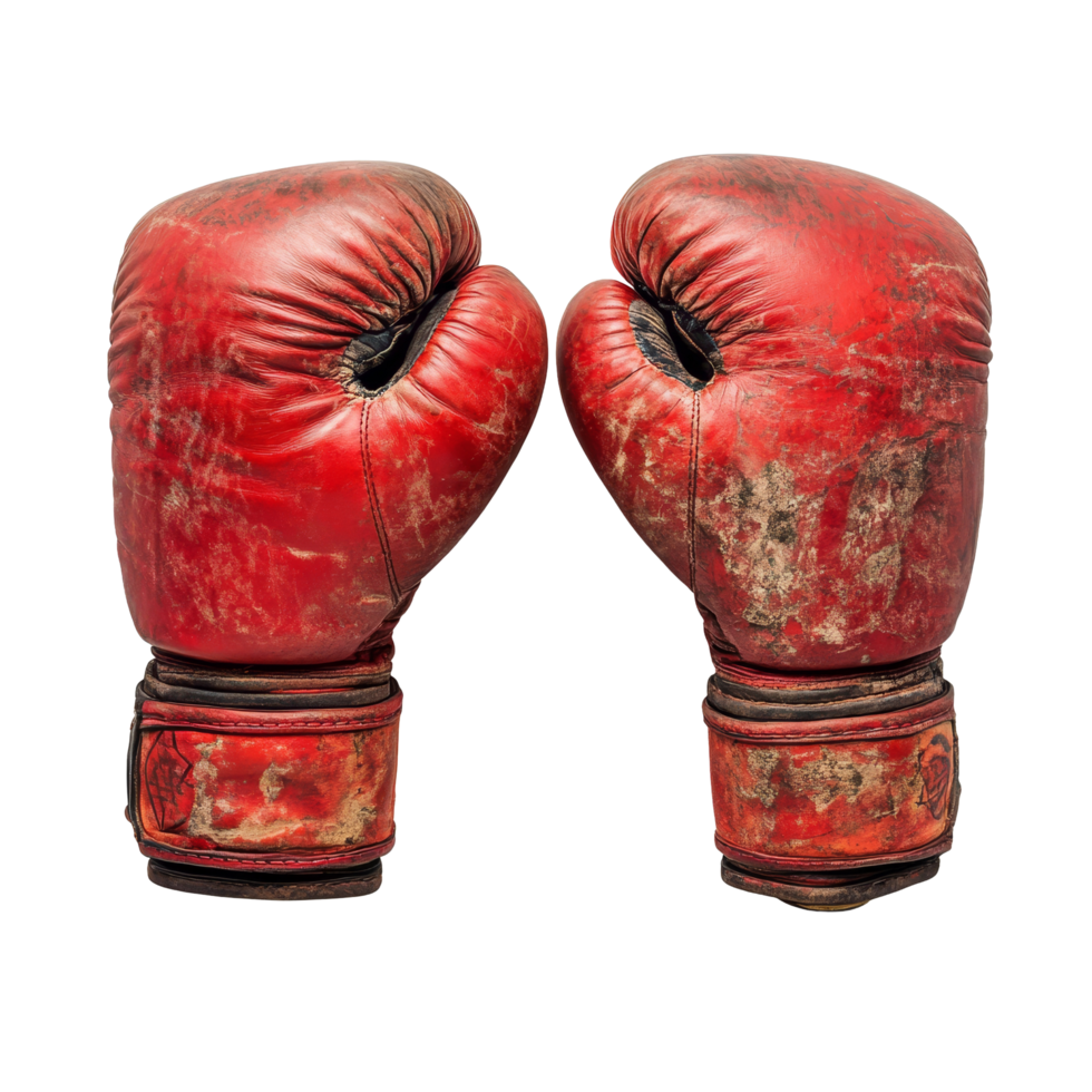 Worn red boxing gloves isolated on a transparent background showcasing their weathered appearance, Boxing gloves on transparent background cutouts png