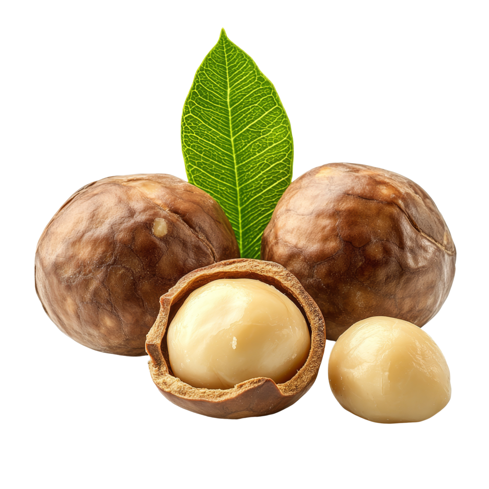 Macadamia nuts with shells and a green leaf isolated on a clean transparent background, macadamia nuts isolated on transparent background png