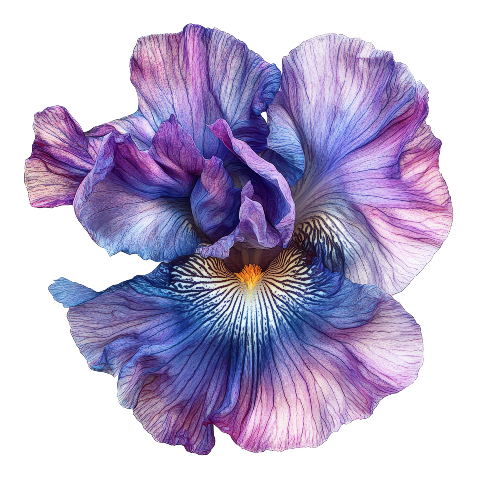 Vibrant iris flower with intricate details set against a clean transparent background capturing natures beauty, vibrant iris in style, isolated on a transparent background for design layouts png