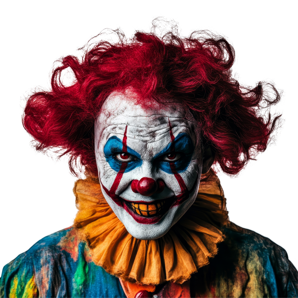 Evil clown with wild red hair and creepy smile against a stark transparent background, Evil clown on transparent background png