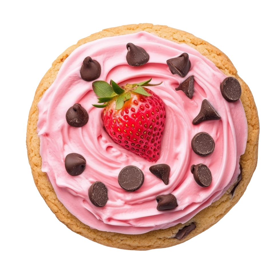 Delicious round chocolate chip cookie topped with creamy strawberry frosting and a fresh strawberry garnish, round chocolate chip cookie with strawberry cream isolated on transparent backgroundfile png