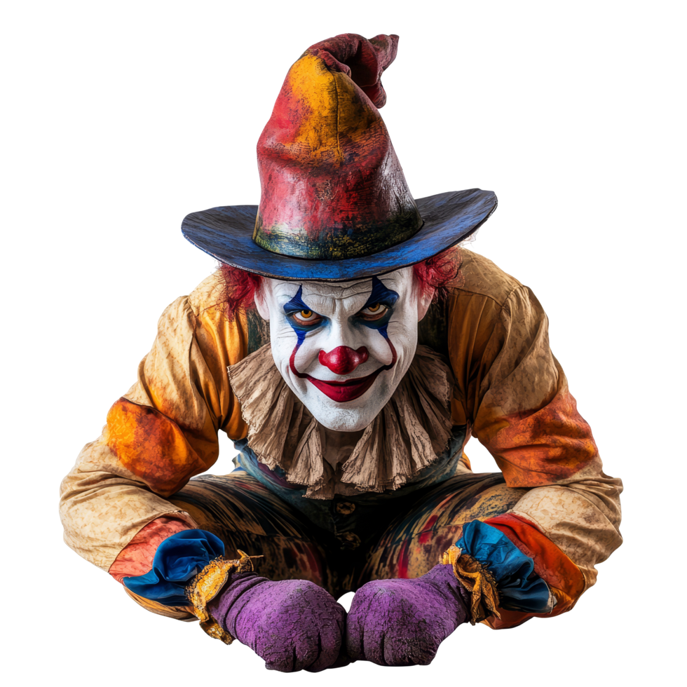 Sinister clown lurking on a bright transparent background, adding an eerie touch to the whimsical clown persona, villain clown isolated on transparent background png