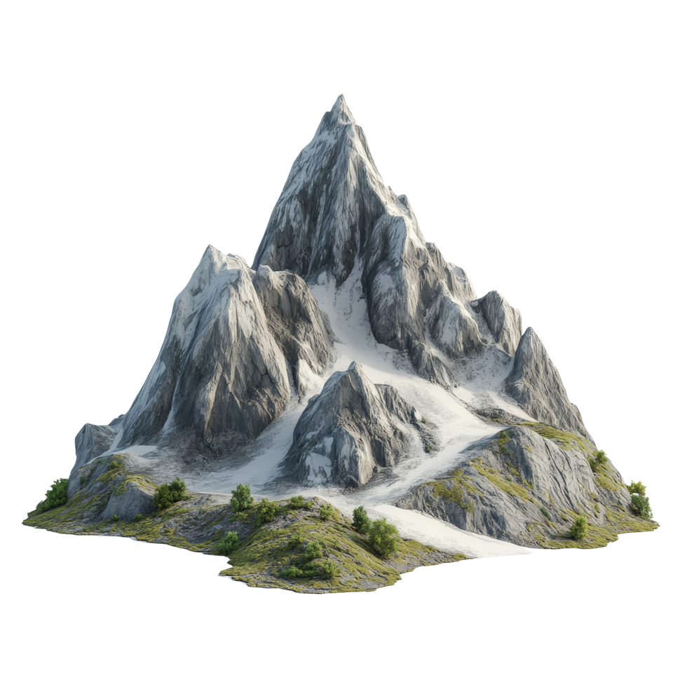 A striking mountain landscape with rugged peaks and patches of greenery set against a clean transparent background, mountain landscape isolated on transparent background png
