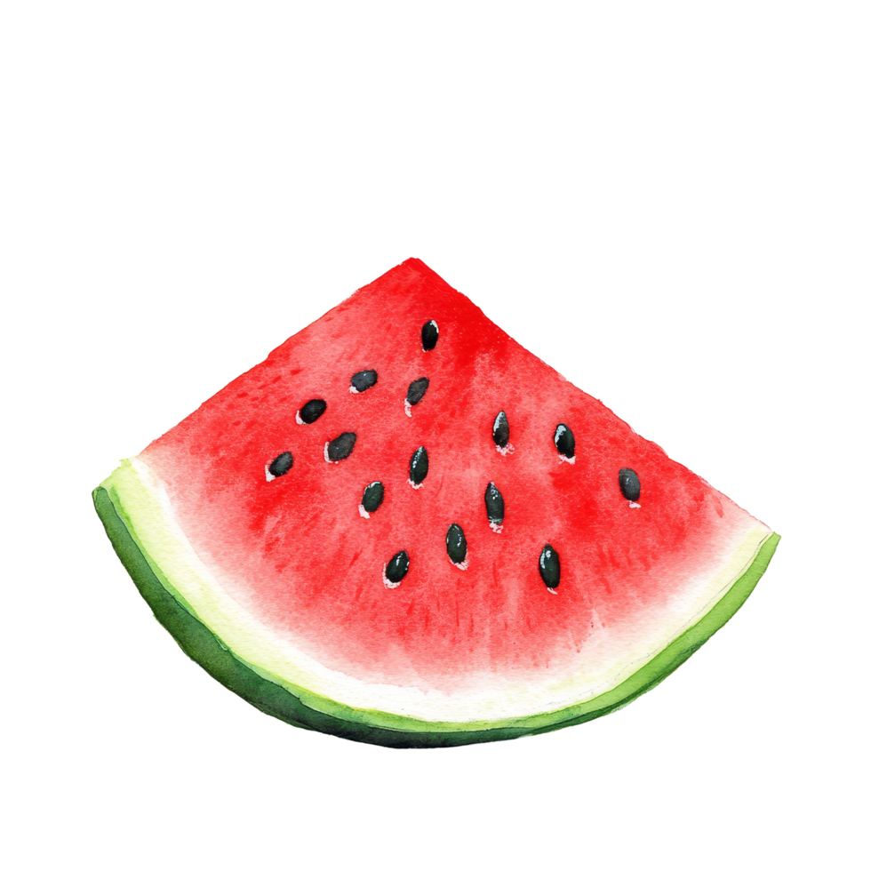 A vibrant watermelon slice featuring juicy red flesh and black seeds against a clean transparent backdrop, Watermelon slice on transparent background png