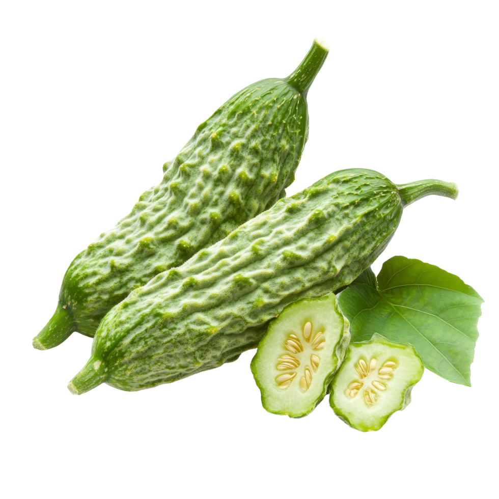 Fresh bitter melon with a green leaf displayed on a clean transparent background, Bitter melon with leaf on transparent background png