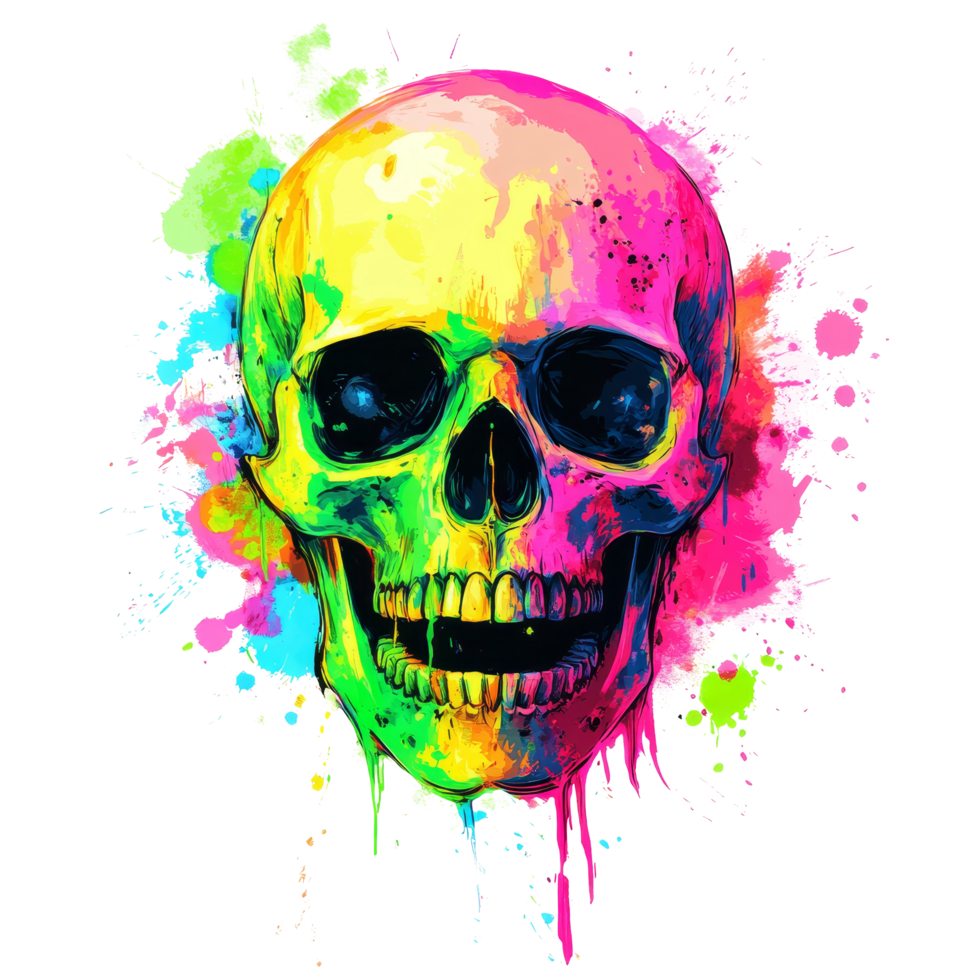 Vibrant and colorful skull art on a transparent background featuring splashes of and neon hues, Colorful skull on transparent background. Skull transparent background png