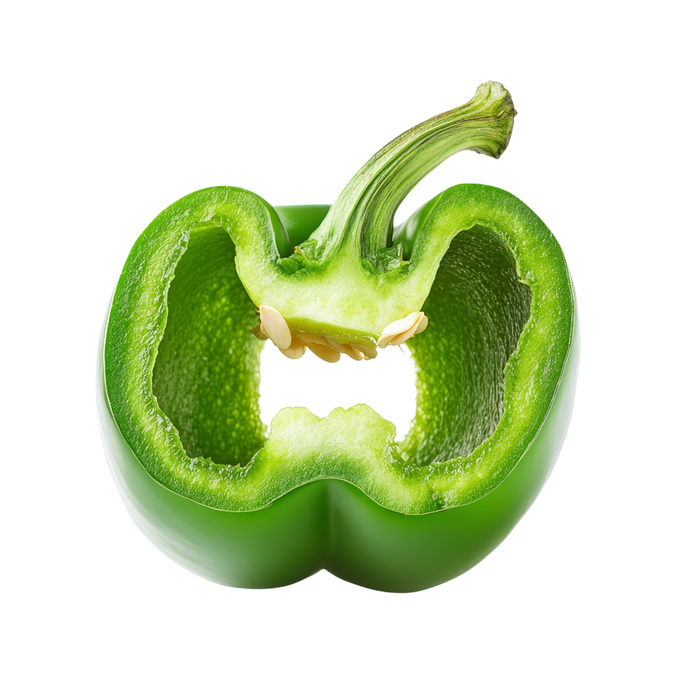Sliced green bell pepper on a transparent background showcasing its vibrant color and fresh texture, Sliced green bell pepper isolated on transparent background png