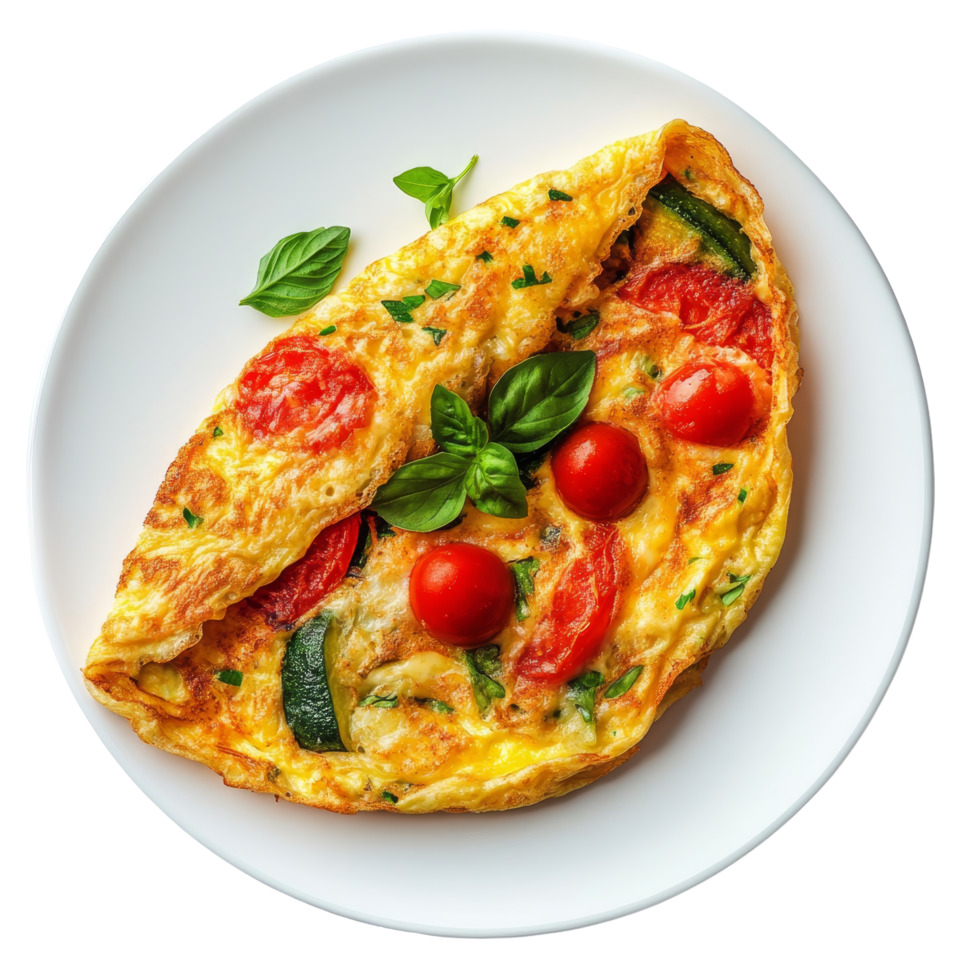 Delicious vegetable omelette served on a transparent plate with fresh ingredients against a bright background, Delicious Vegetable Omelette transparent background png
