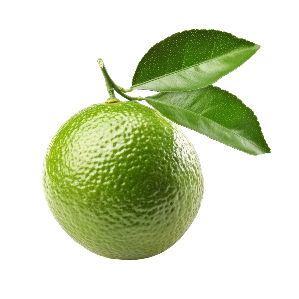 Fresh lime with green leaf isolated on a clean transparent background for culinary and beverage use, Fresh lime with leaf isolated on transparent background png