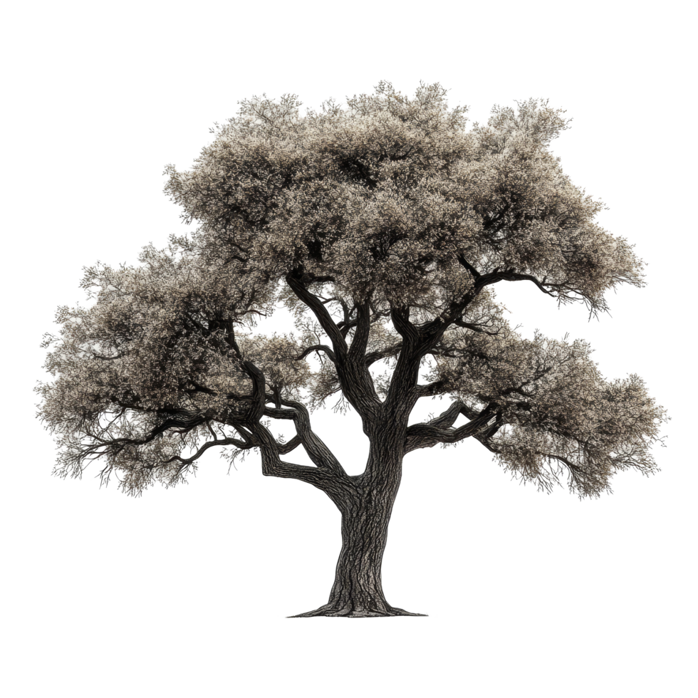Rustic tree standing alone against a transparent background, showcasing detailed bark and expansive branches in natural beauty, Rustic tree isolated on transparent background png