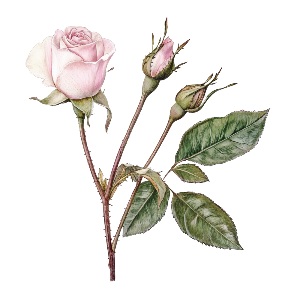Delicate rose twig with a blooming bud and two developing buds, surrounded by lush green leaves on transparent, rose twig with rose flower bud and leaves isolated png